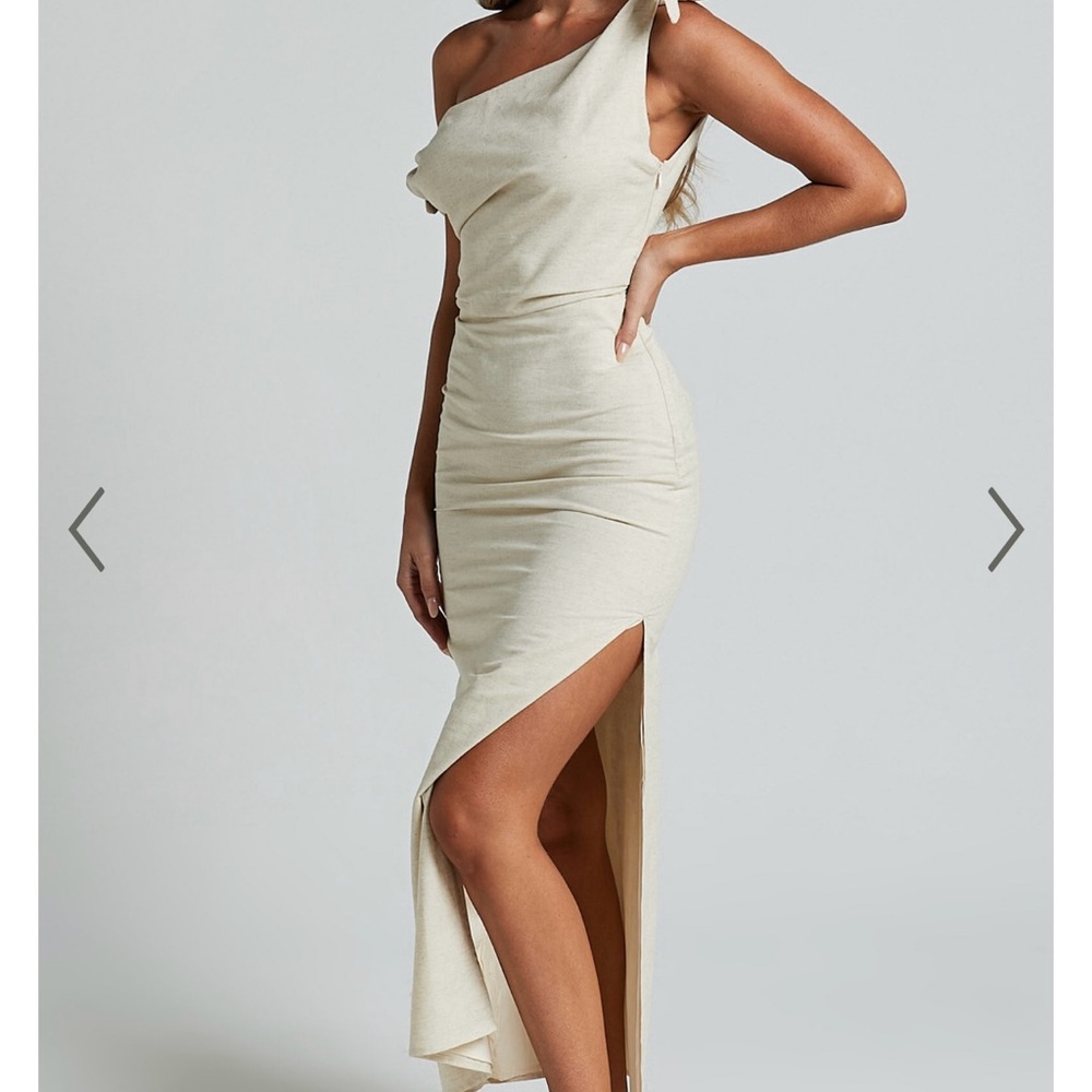Showpo Cream Asymmetrical Ruched Gown